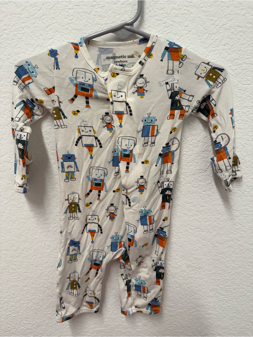 Magnetic Me Cream Robot Print Footie with Blue and Orange Accents